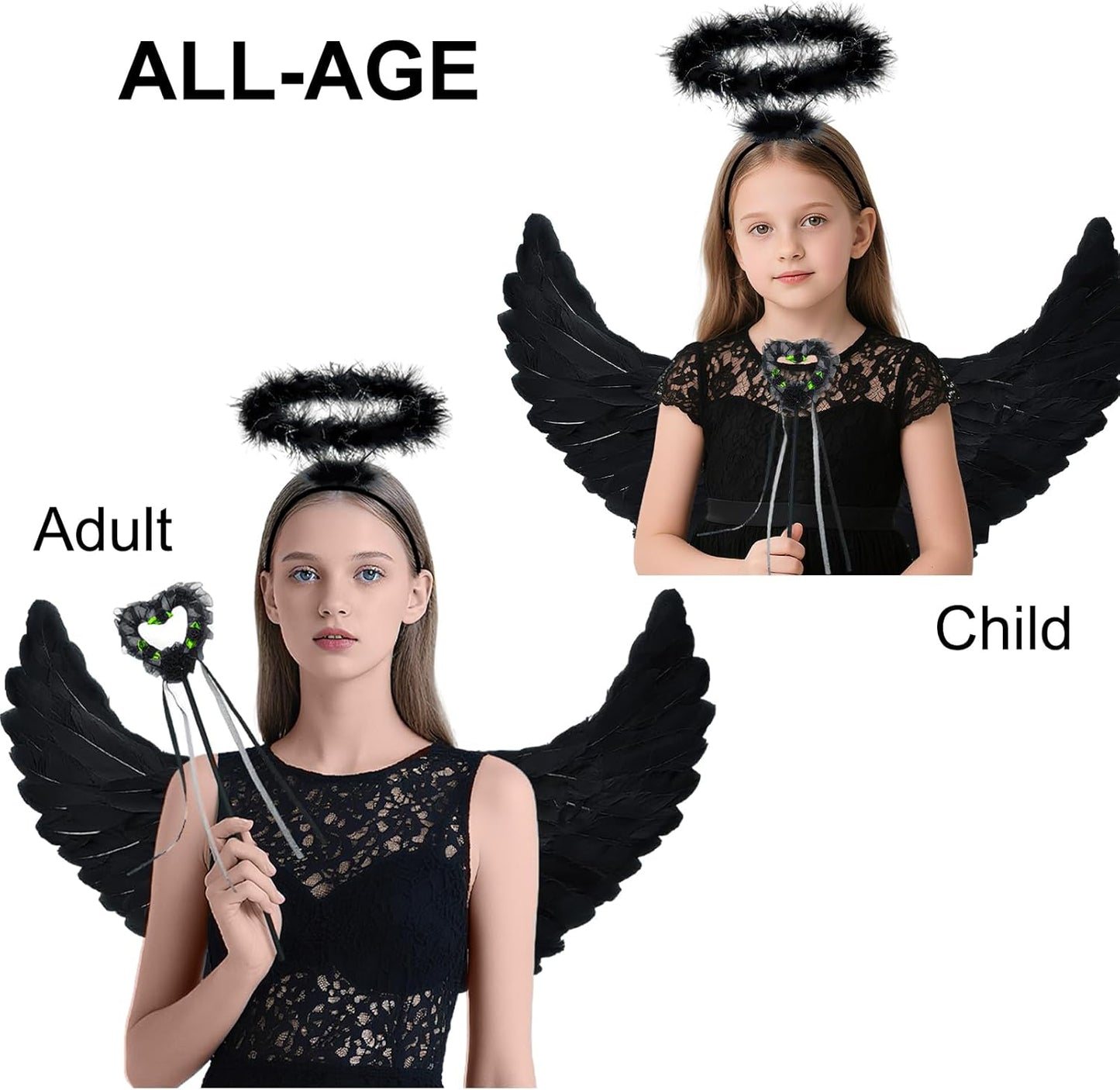 Black Feather Angel Wings Halo Wand Costume Set