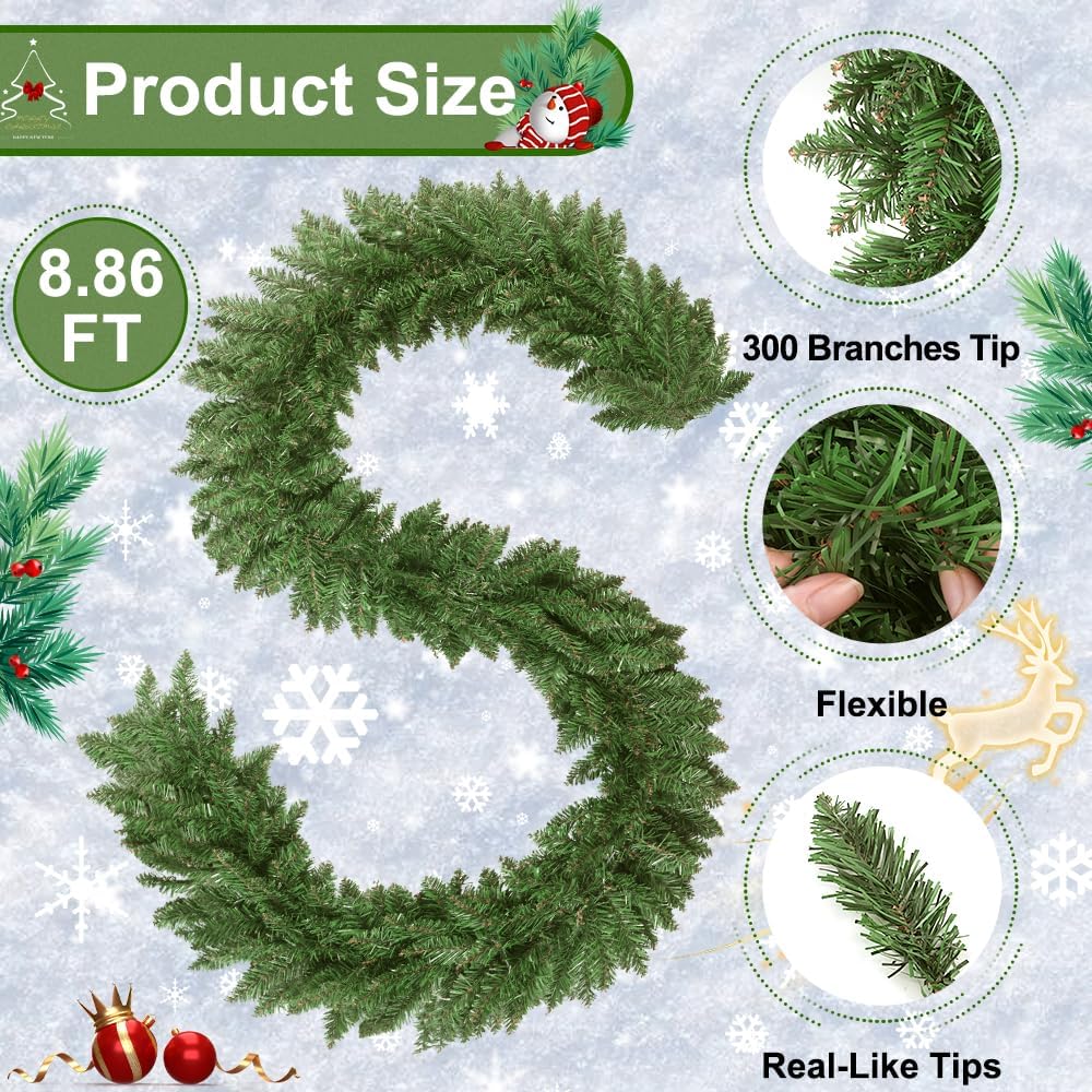 8.8ft Artificial Christmas Garland Green Festive Mantel Decor