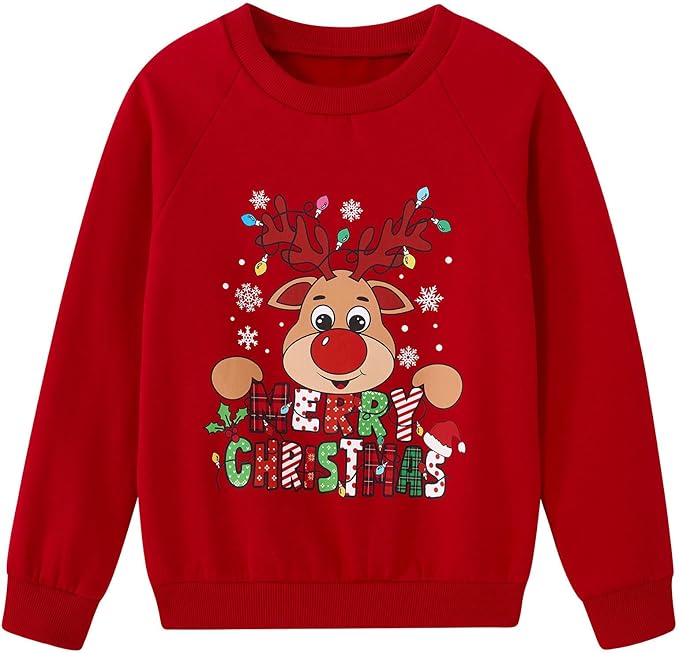 Kids Christmas Jumper Reindeer Crewneck Long Sleeve Festive Sweater