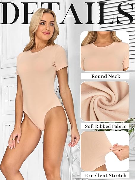 Womens Short Sleeve Bodysuit Slim Fit Stretch Casual Top Nude