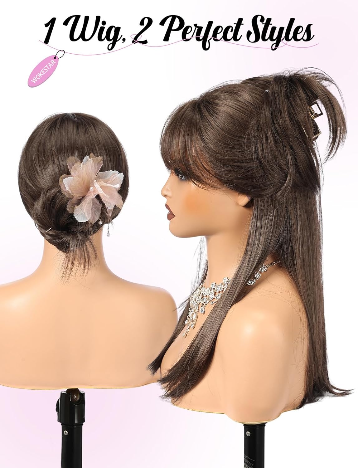 Womens Synthetic Wig Mid Long Straight Layered Fringe Natural Brown