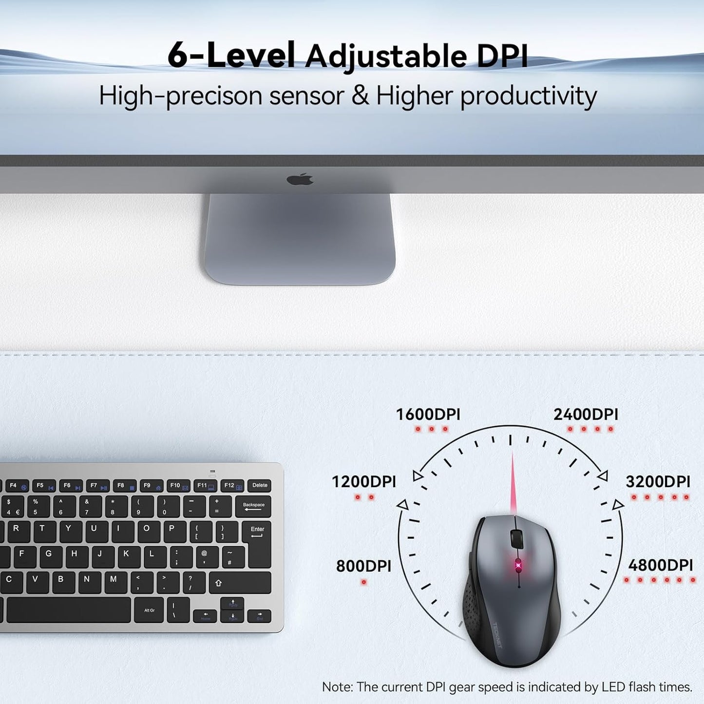 TECKNET Wireless Mouse 4800 DPI Adjustable USB Computer Mouse Grey