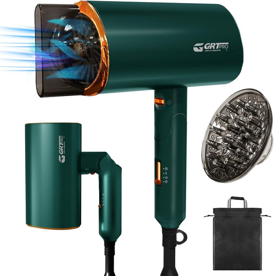 2200W Foldable Travel Hair Dryer – Ionic Blue‑Light, Smart Heat, Diffuser & Nozzle