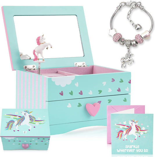 Unicorn Musical Jewellery Box for Girls + Charm Bracelet | Magic Gift