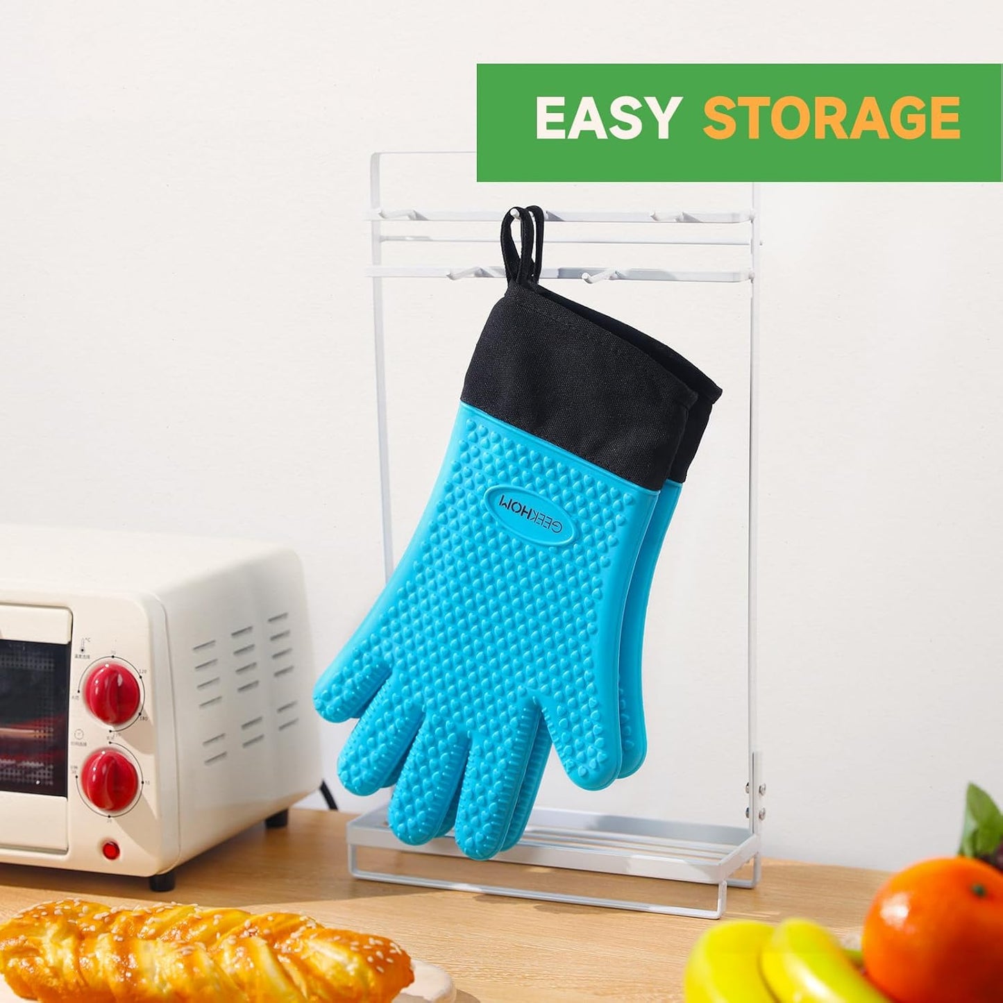 Heat Resistant Silicone BBQ Gloves Long Oven Mitts Non-Slip Blue