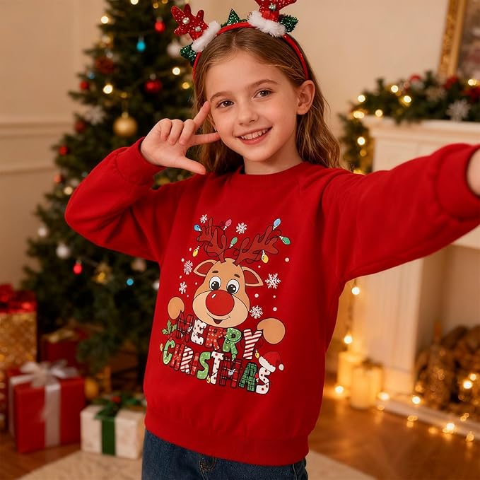 Kids Christmas Jumper Reindeer Crewneck Long Sleeve Festive Sweater