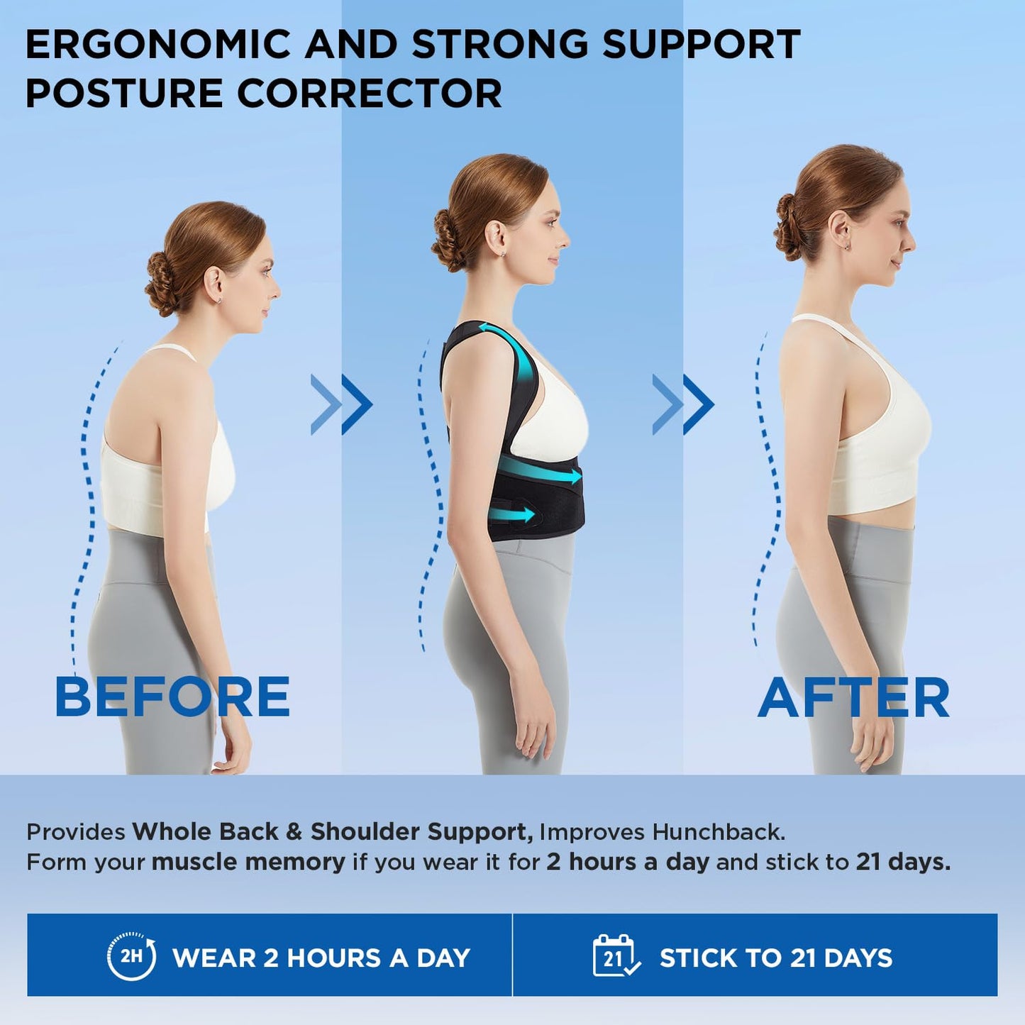 Posture Corrector Back Brace Adjustable Support for Men Women Black Large