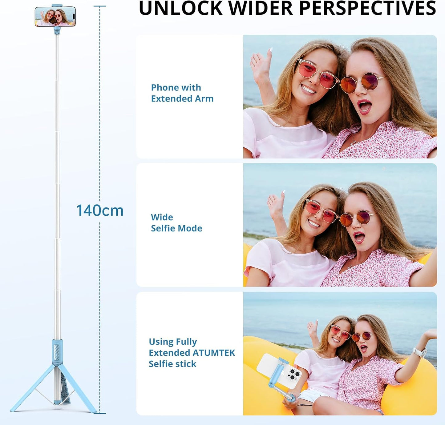 1.4m Selfie Stick Tripod with Rechargeable Bluetooth Remote - Light Blue