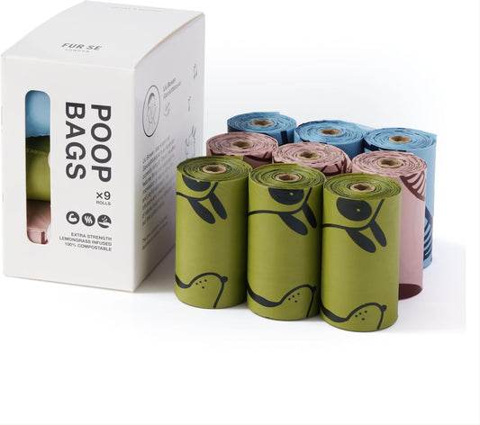 FUR SE 100% Compostable Dog Poop Bags - XL, Strong, Lemongrass Scented, 135 Pack