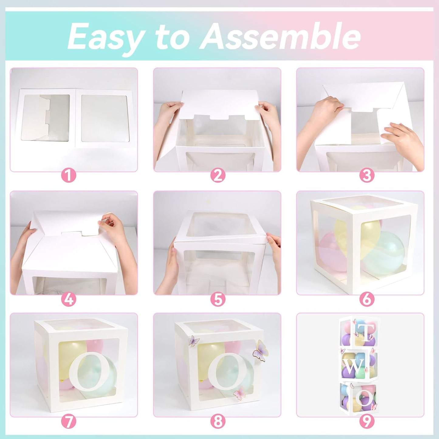 3pcs Balloon Boxes Set “TWO” Pastel Butterflies Girls 2nd Birthday Decoration