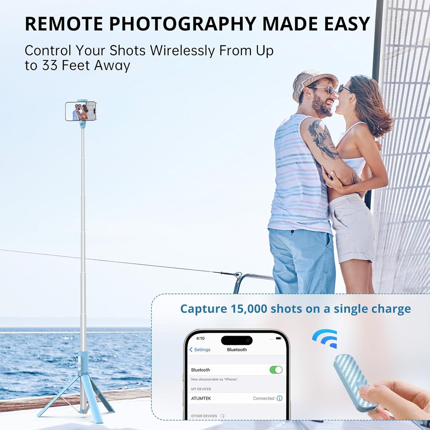 1.4m Selfie Stick Tripod with Rechargeable Bluetooth Remote - Light Blue