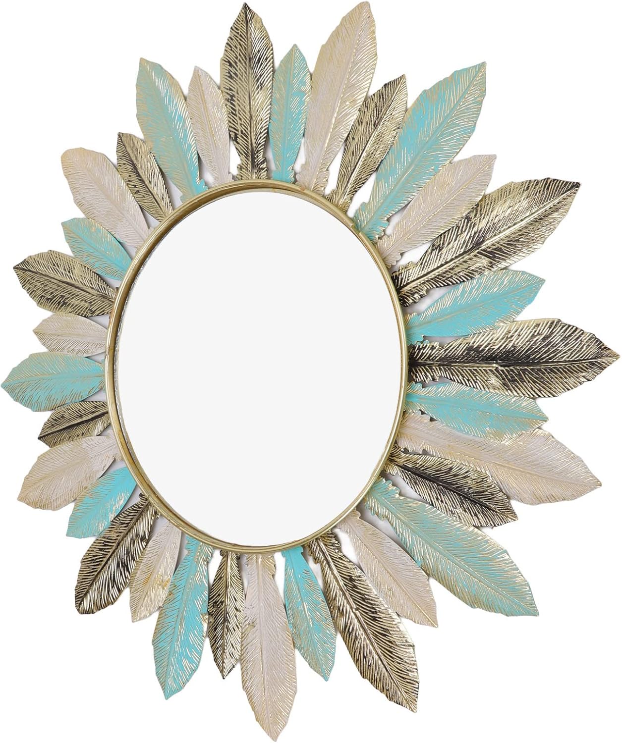 Tyenaza Boho Feather Wall Mirror Round Decorative Entryway