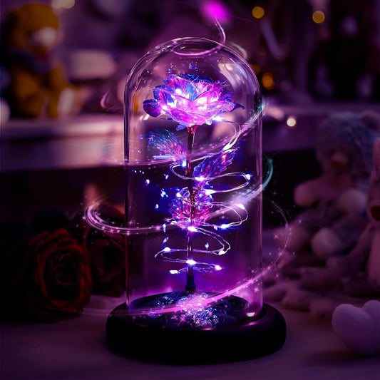 Rotating Purple LED Rose in Glass Dome – Romantic Gifts for Her, Anniversary