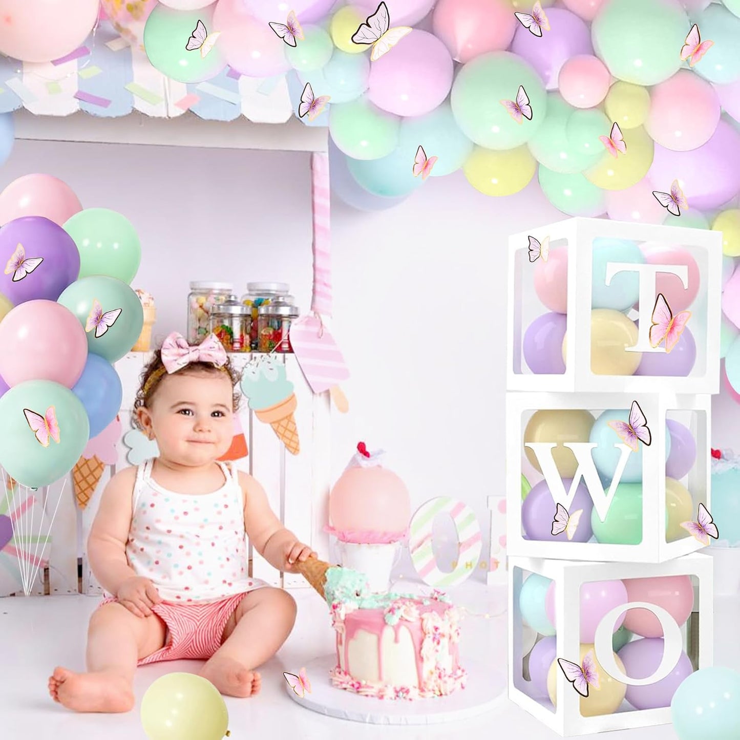 3pcs Balloon Boxes Set “TWO” Pastel Butterflies Girls 2nd Birthday Decoration