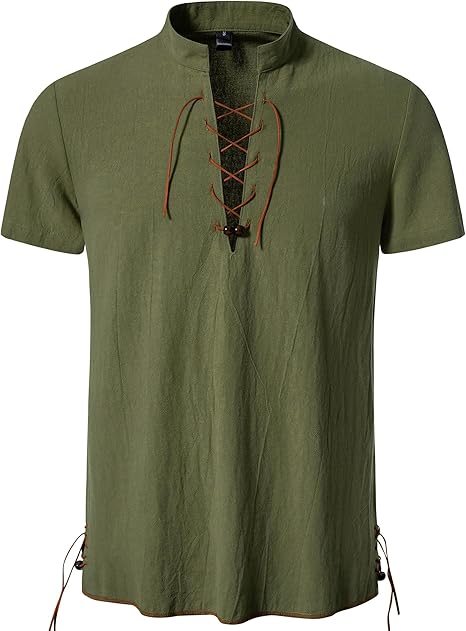 Mens Retro Lace Up Shirt Short Sleeve Medieval Viking Cosplay Top