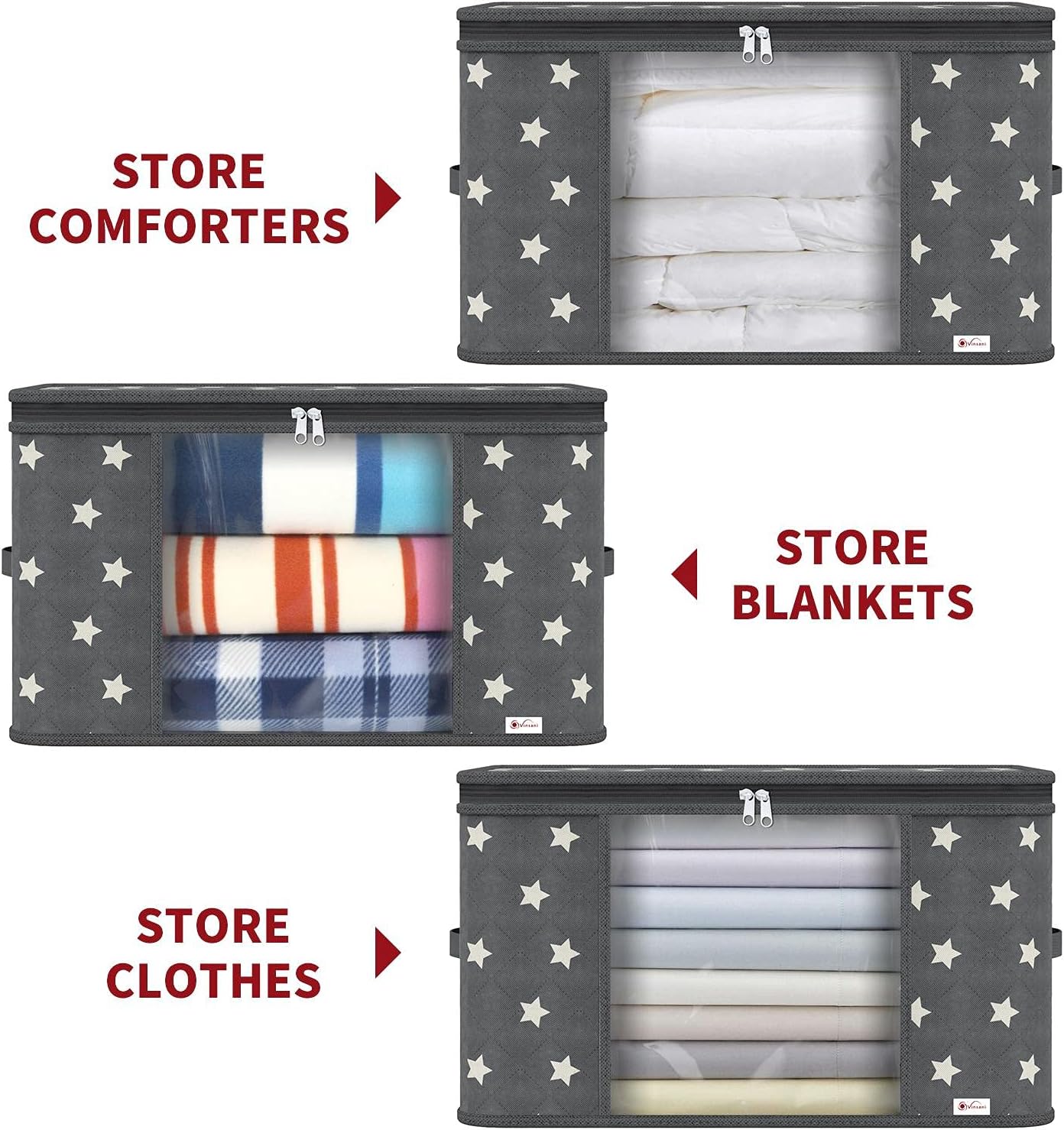 Clothes Storage Bags Large Capacity Double Zipper Clear Window 3 Pack