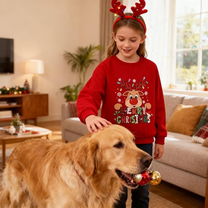 Kids Christmas Jumper Reindeer Crewneck Long Sleeve Festive Sweater