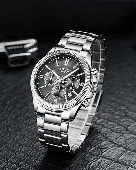 Mens Chronograph Watch Stainless Steel Quartz Waterproof Date Silver