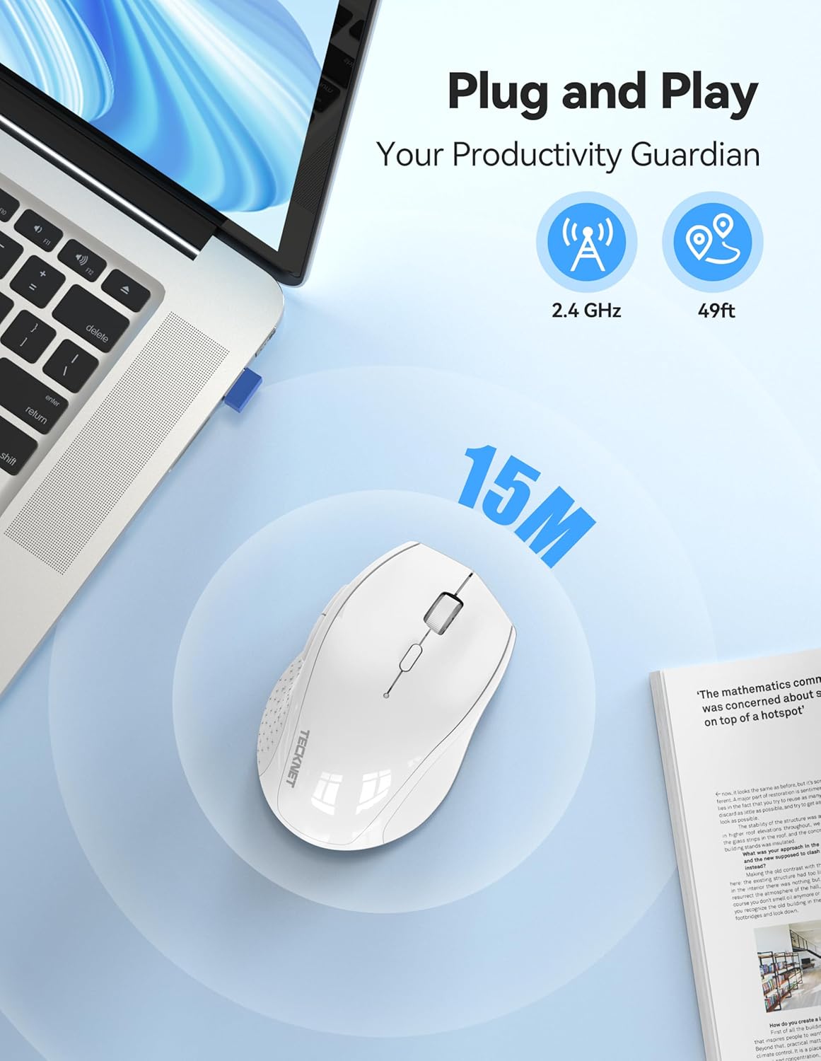 Wireless Mouse 6400 DPI Rechargeable USB Nano Receiver White
