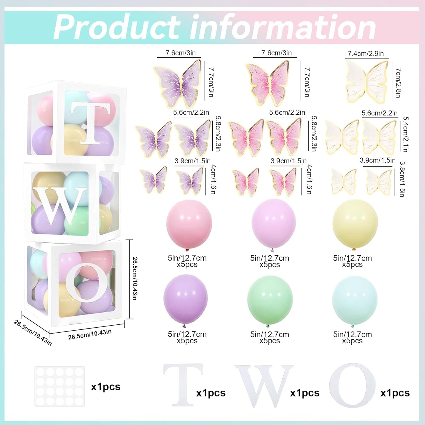 3pcs Balloon Boxes Set “TWO” Pastel Butterflies Girls 2nd Birthday Decoration