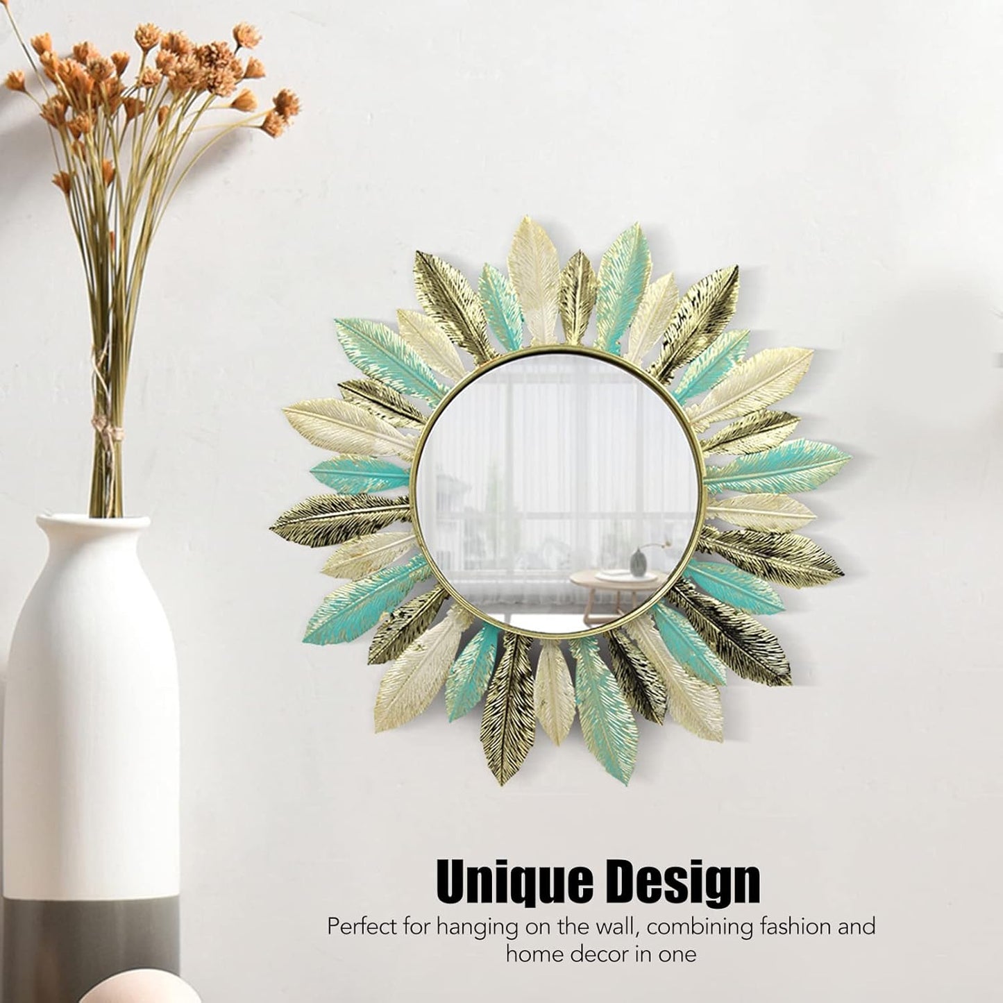 Tyenaza Boho Feather Wall Mirror Round Decorative Entryway