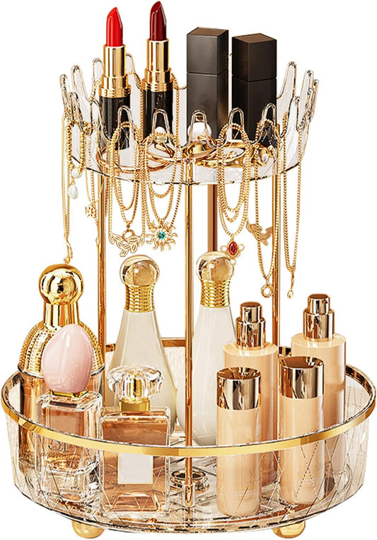 2-Tier 360° Rotating Makeup Organiser – Clear Vanity Storage for Skincare & Cosmetics