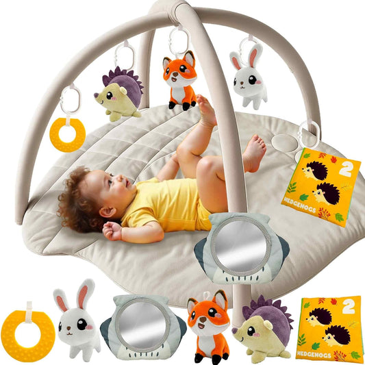 Acorn Baby Play Gym Mat with 6 Sensory Toys – Quilted, Machine‑Washable, Unisex
