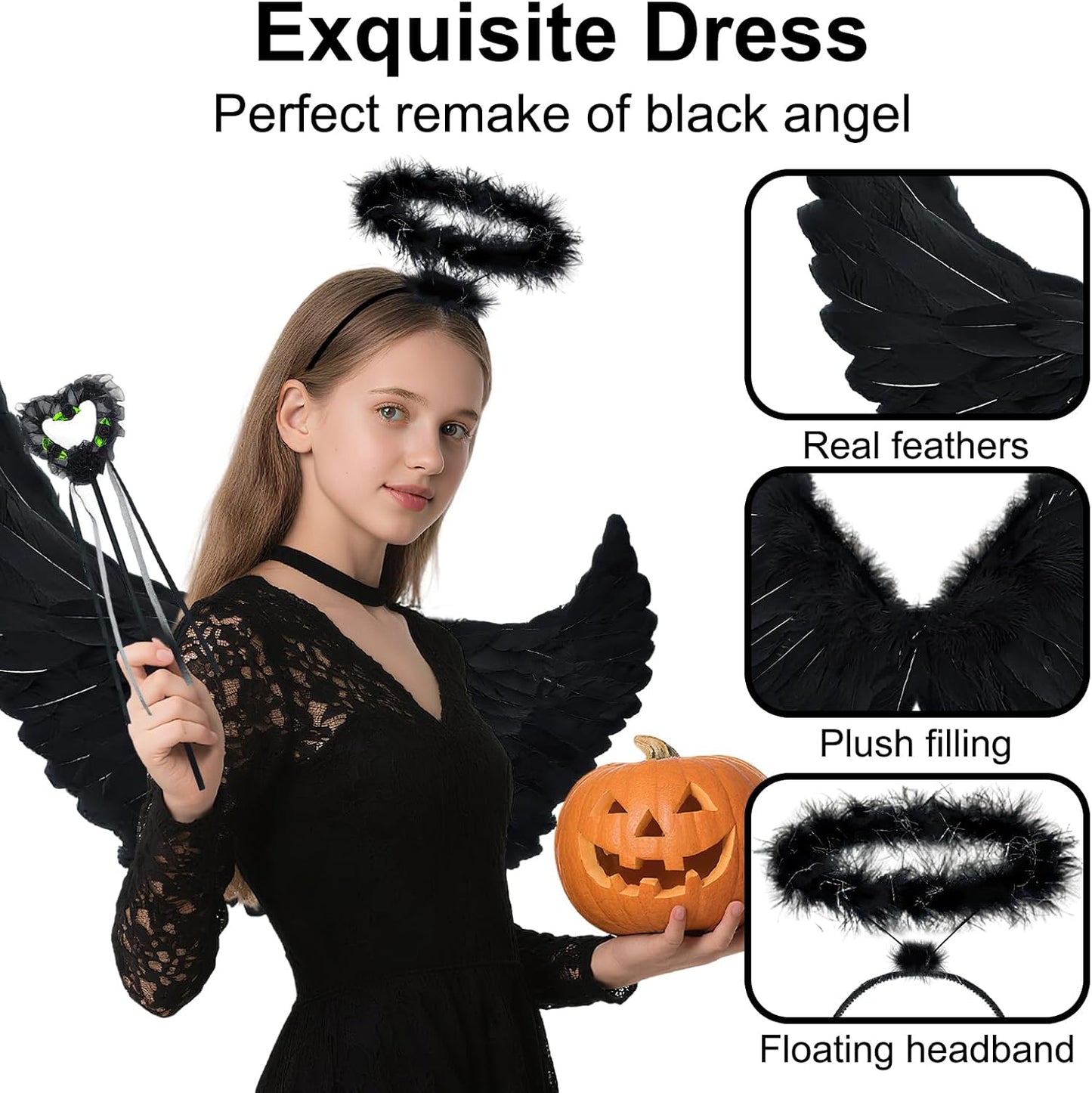 Black Feather Angel Wings Halo Wand Costume Set