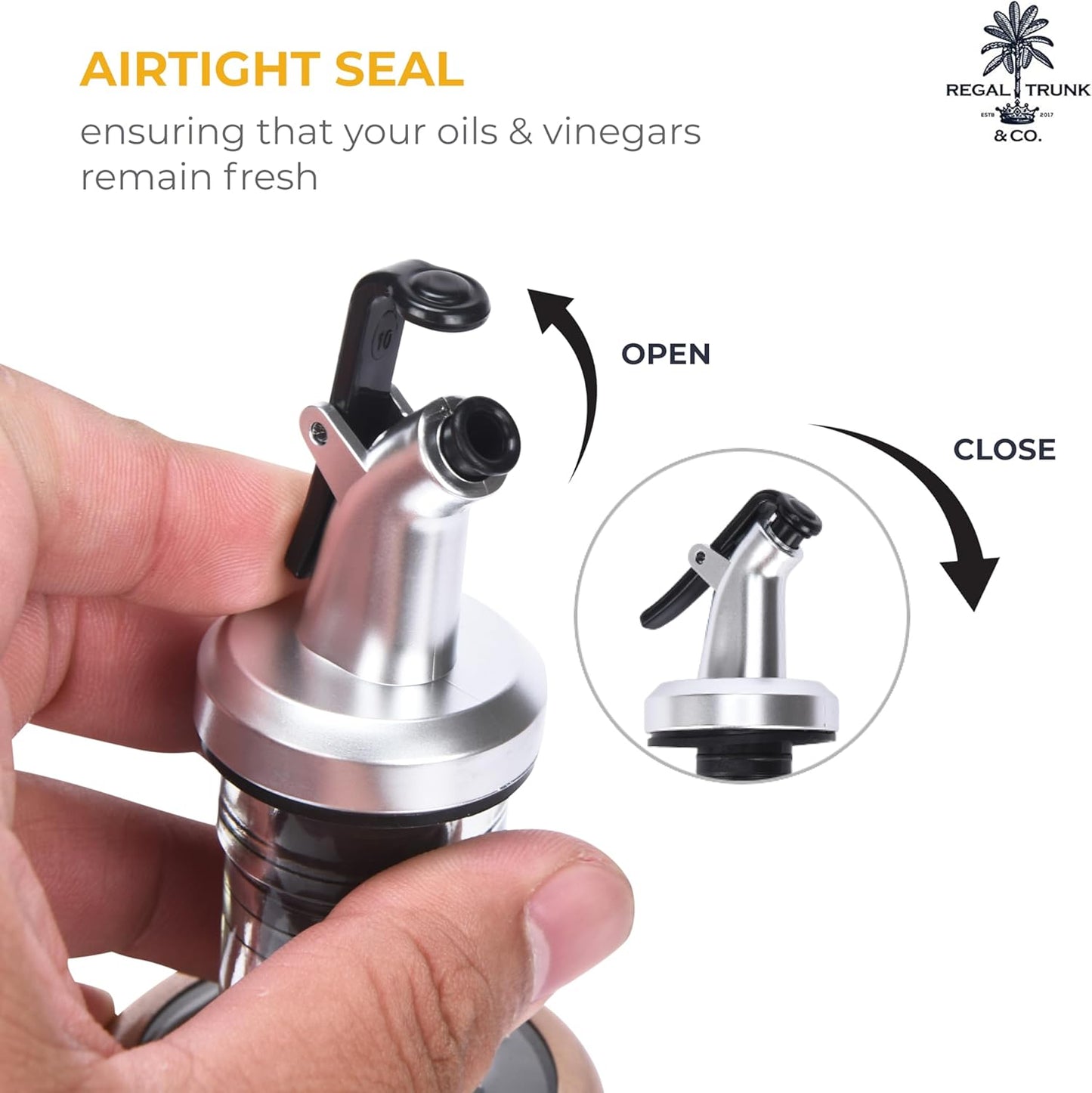 Regal Trunk Oil & Vinegar Dispenser Set – 2 Glass Bottles 300ml Stainless Steel Lids