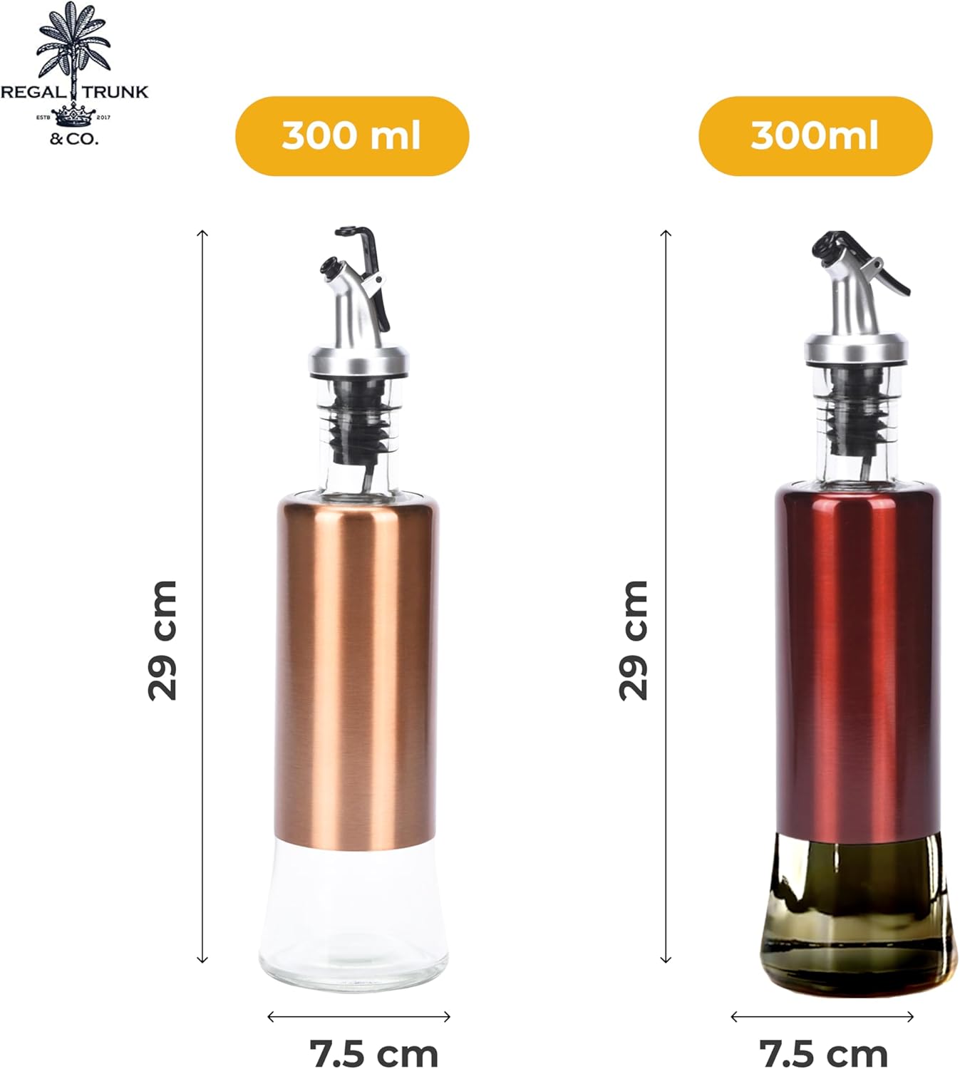 Regal Trunk Oil & Vinegar Dispenser Set – 2 Glass Bottles 300ml Stainless Steel Lids