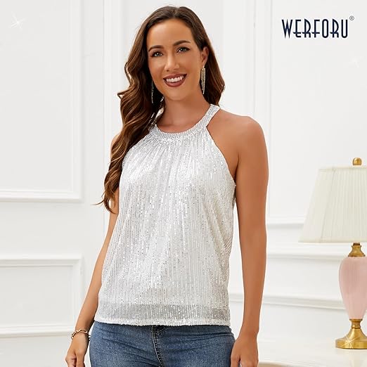 Womens Sequin Halter Party Top Sparkly Sleeveless Vest Silver