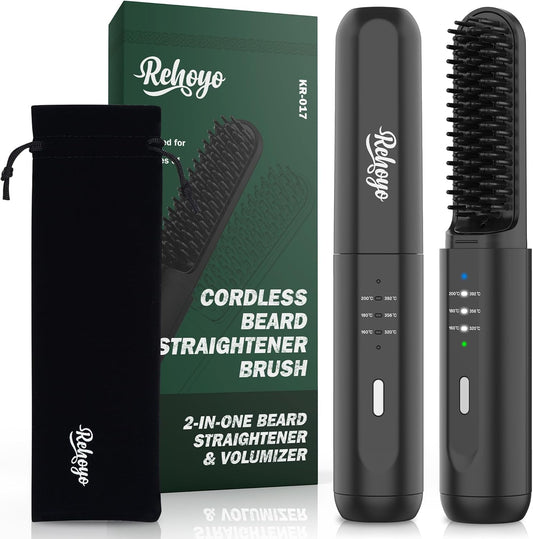 REHOYO Cordless Beard Straightener Brush | 3 Temps, Anti-Scald, Rechargeable