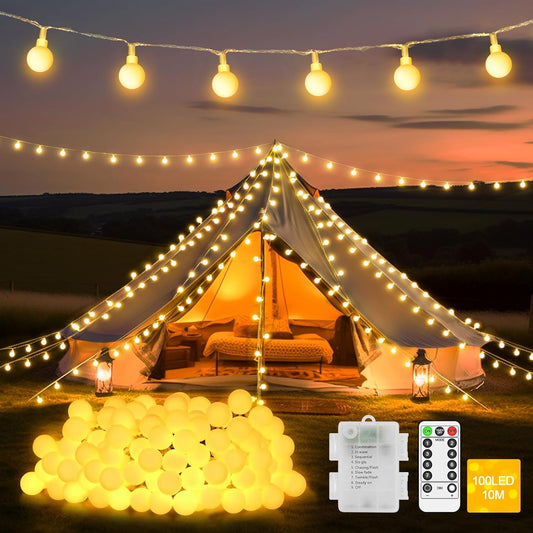 JXLEDAYY 12 m 100‑LED Waterproof Globe Fairy Lights – Warm White, Remote & 8 Modes