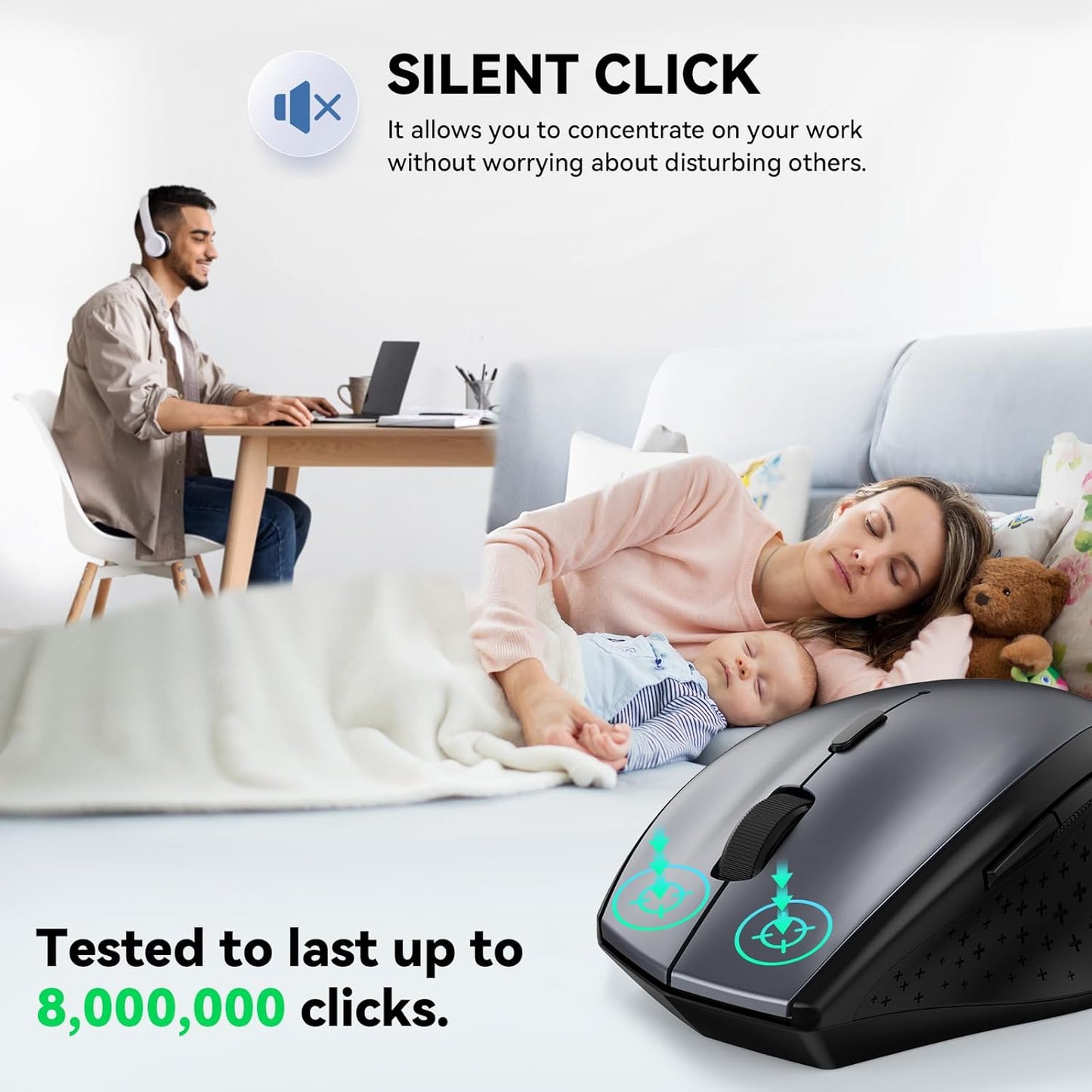 TECKNET Wireless Mouse 4800 DPI Adjustable USB Computer Mouse Grey