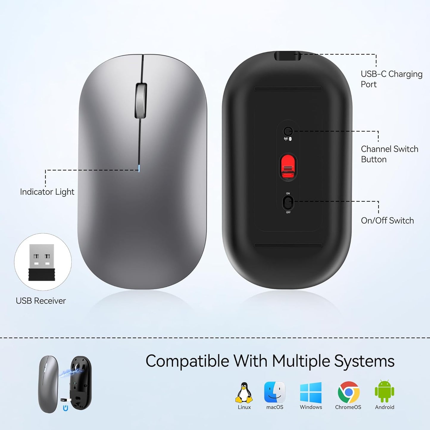 Wireless Mouse Bluetooth 5.0 3.0 2.4G Rechargeable Adjustable DPI