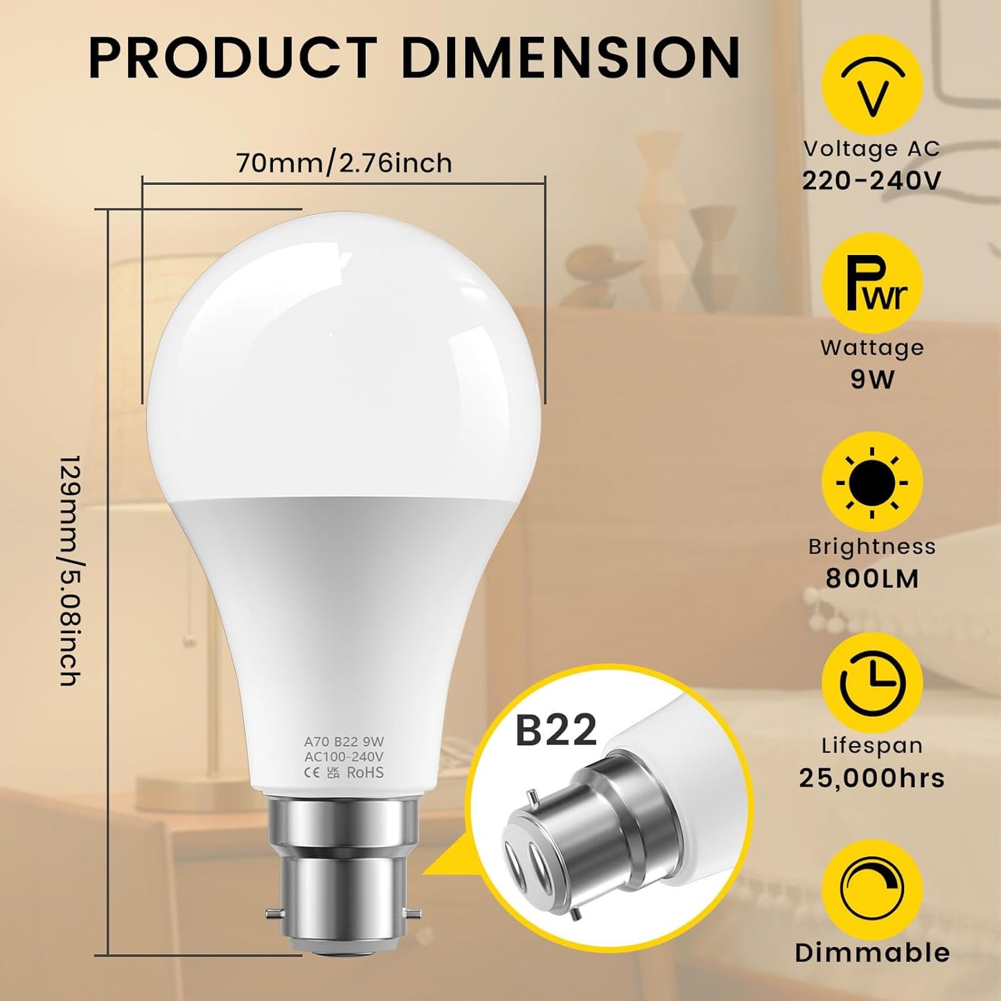 B22 LED Dimmable Light Bulb Remote Stepless 3000K-6000K A70