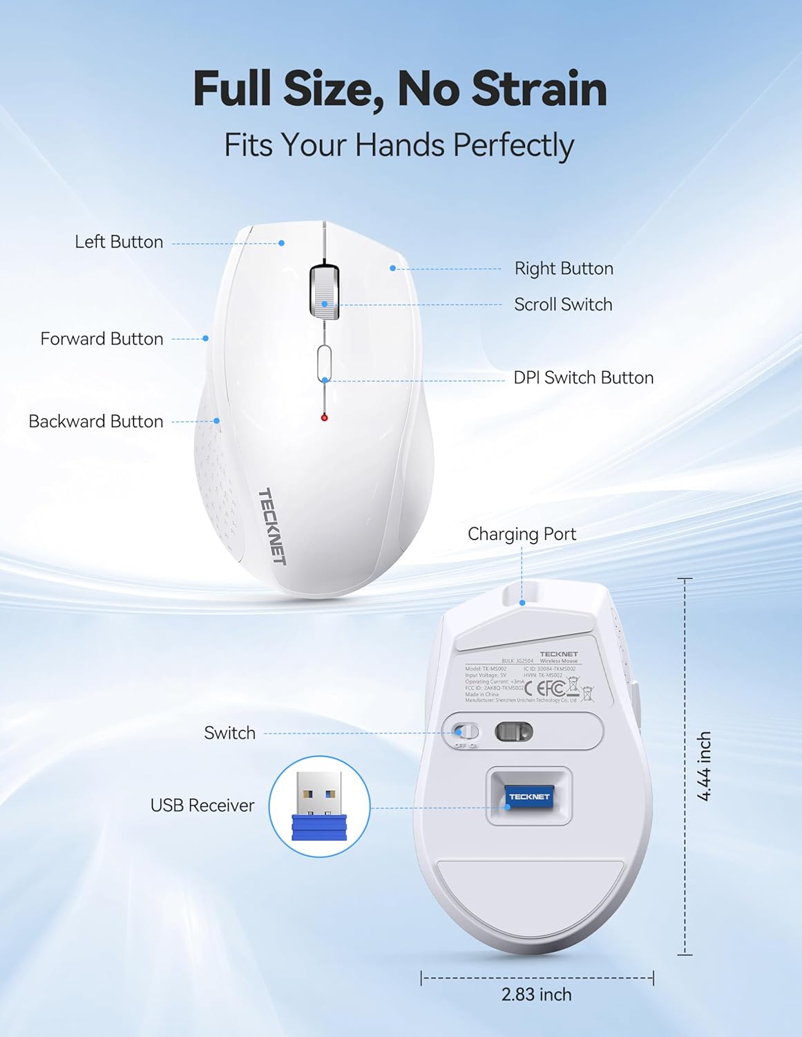 Wireless Mouse 6400 DPI Rechargeable USB Nano Receiver White