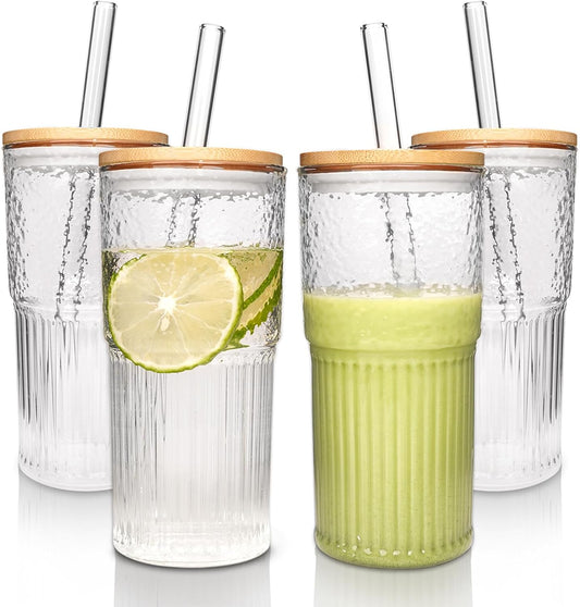 ANOTION 22oz Glass Tumbler Set with Bamboo Lids & Straws – Durable, Eco‑Friendly