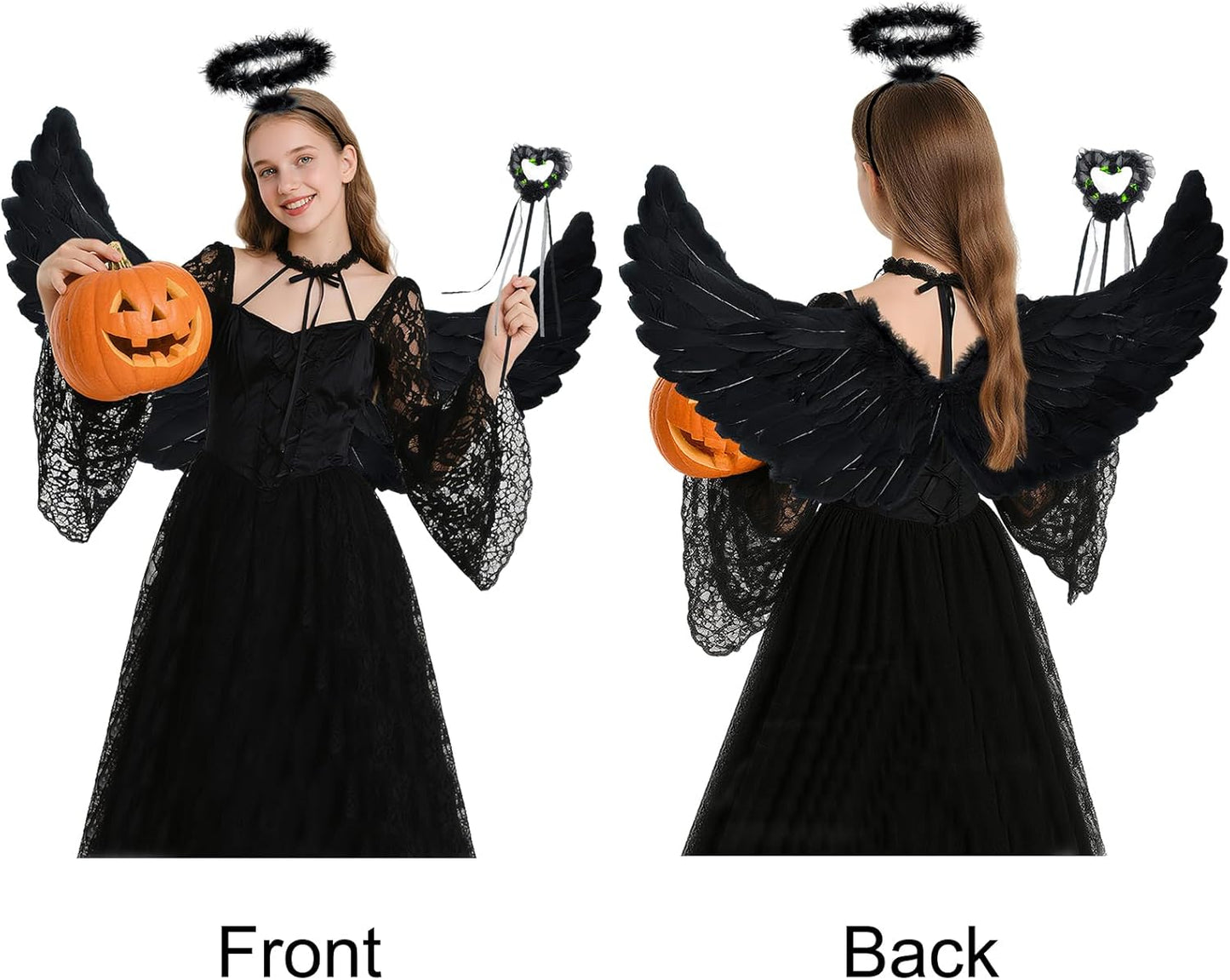 Black Feather Angel Wings Halo Wand Costume Set