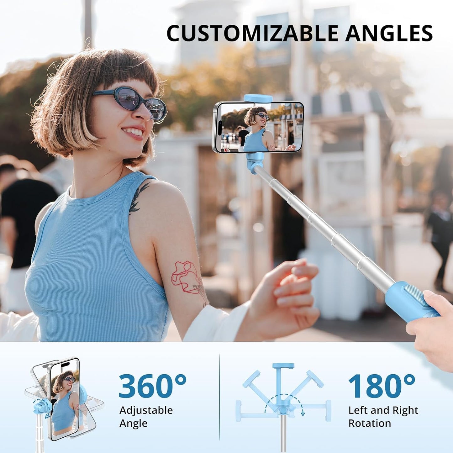 1.4m Selfie Stick Tripod with Rechargeable Bluetooth Remote - Light Blue