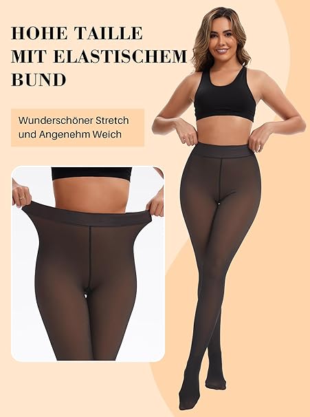 Fleece Lined Thermal Tights Opaque Sheer Look Winter Pantyhose
