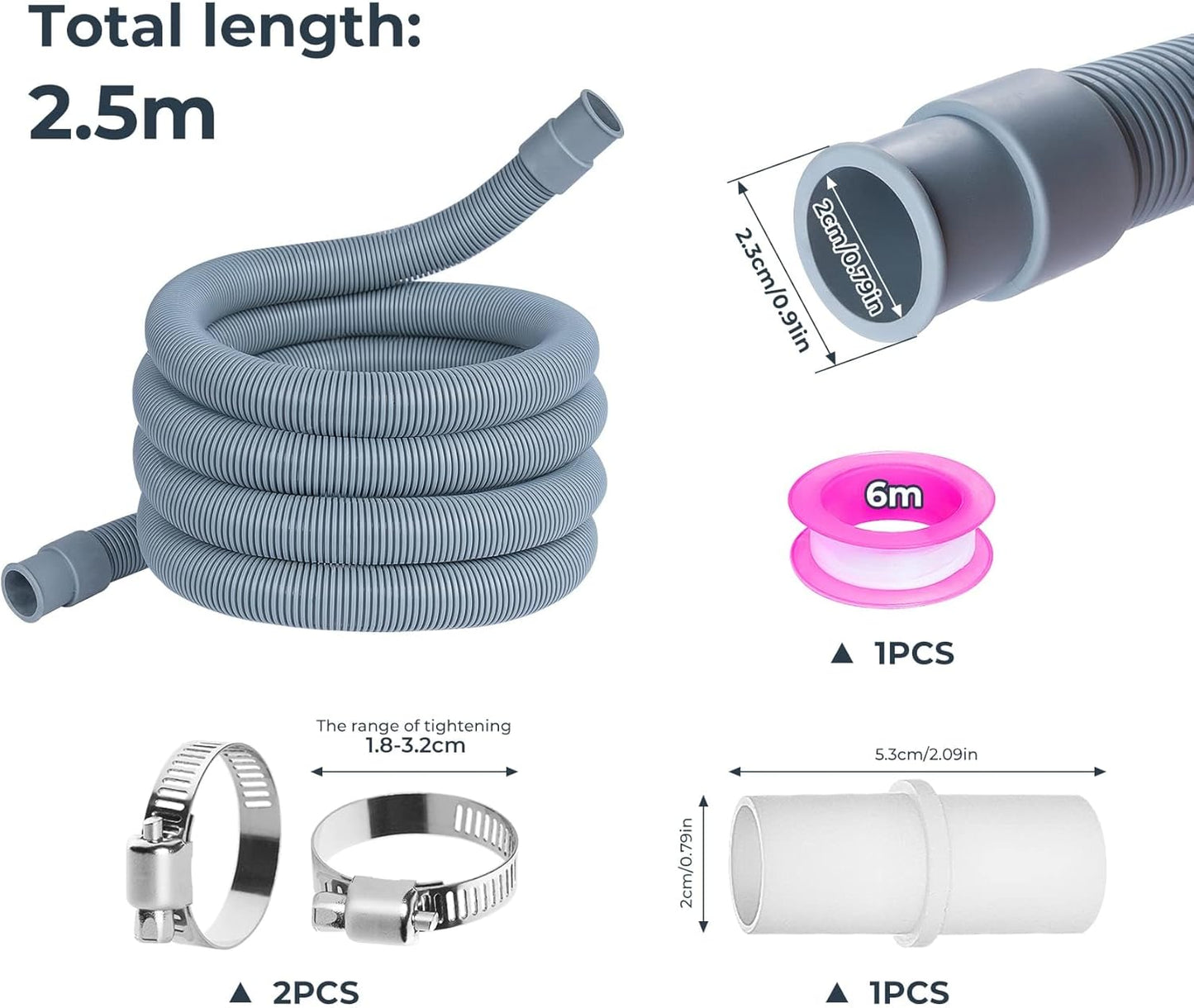 Universal Washing Machine Dishwasher Drain Hose Extension Kit 2.5m
