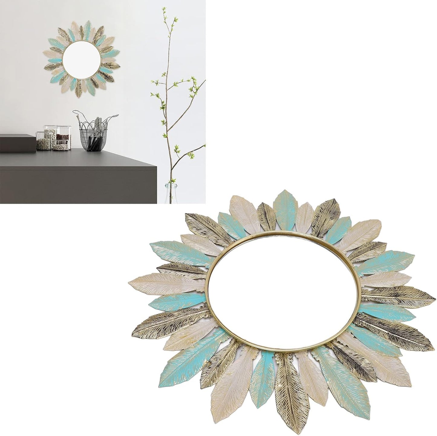 Tyenaza Boho Feather Wall Mirror Round Decorative Entryway