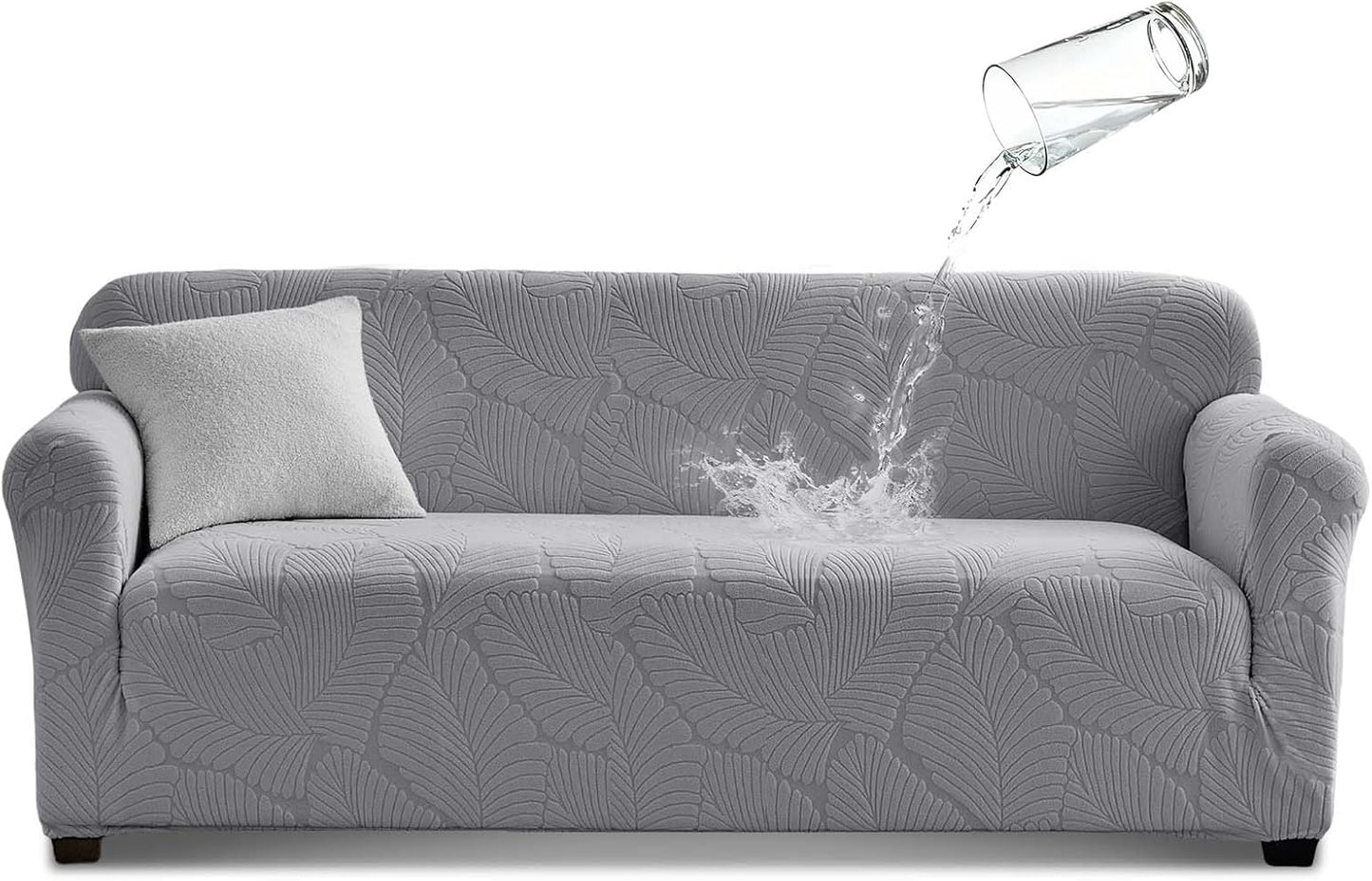 Waterproof 3 Seater Sofa Cover Stretch Protector Leaf Pattern Grey B0FLJN4PC1