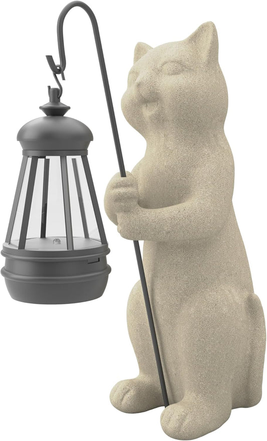 Solar Cat Garden Statue with Lantern – 10" Resin, Waterproof, Solar Powered