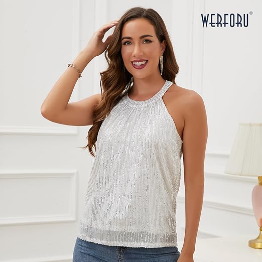 Womens Sequin Halter Party Top Sparkly Sleeveless Vest Silver