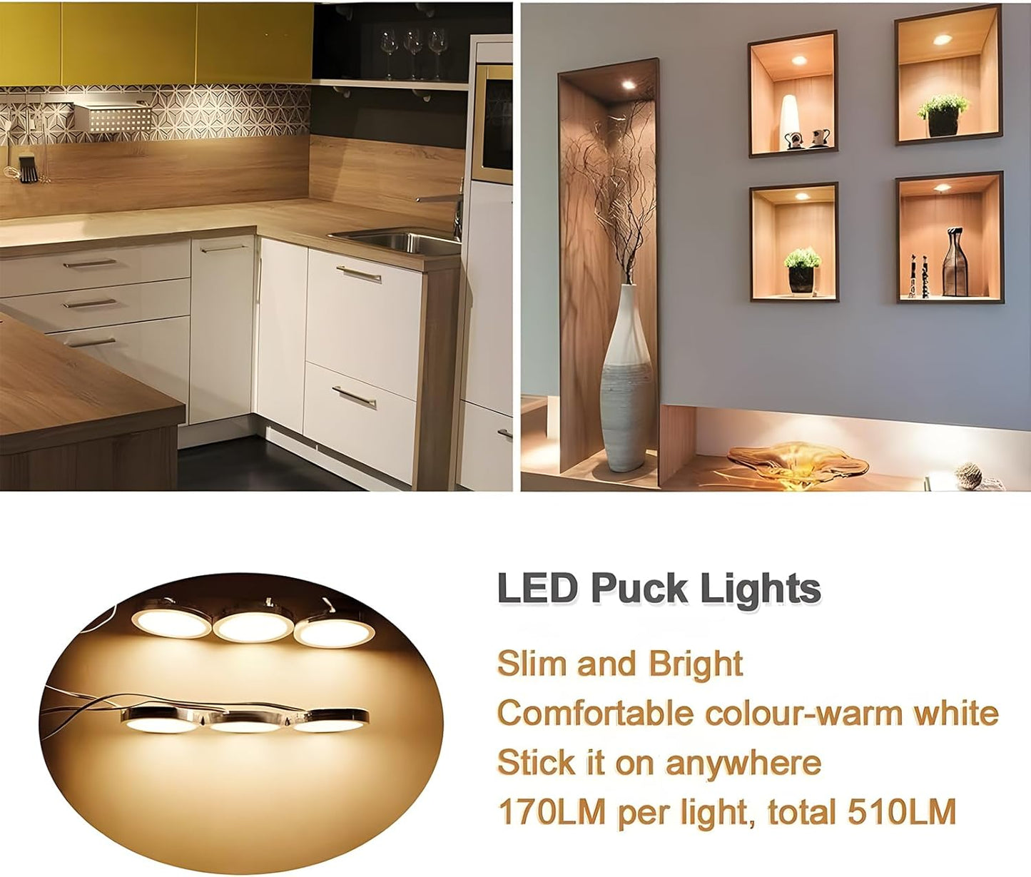 LightingWill LED Under Cabinet Puck Lights 3 Pack Warm White Kitchen Kit B07D6PRDYW