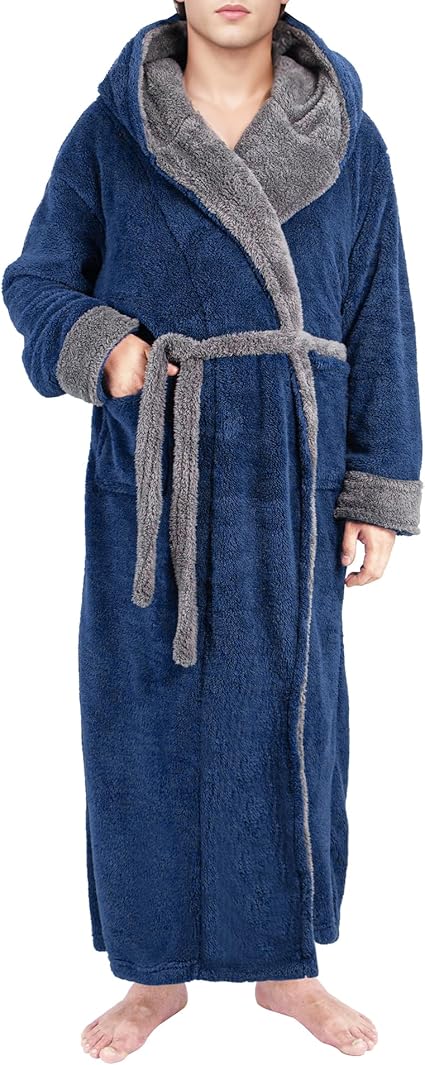 Mens Hooded Dressing Gown Plush Fleece Full Length Bathrobe Warm