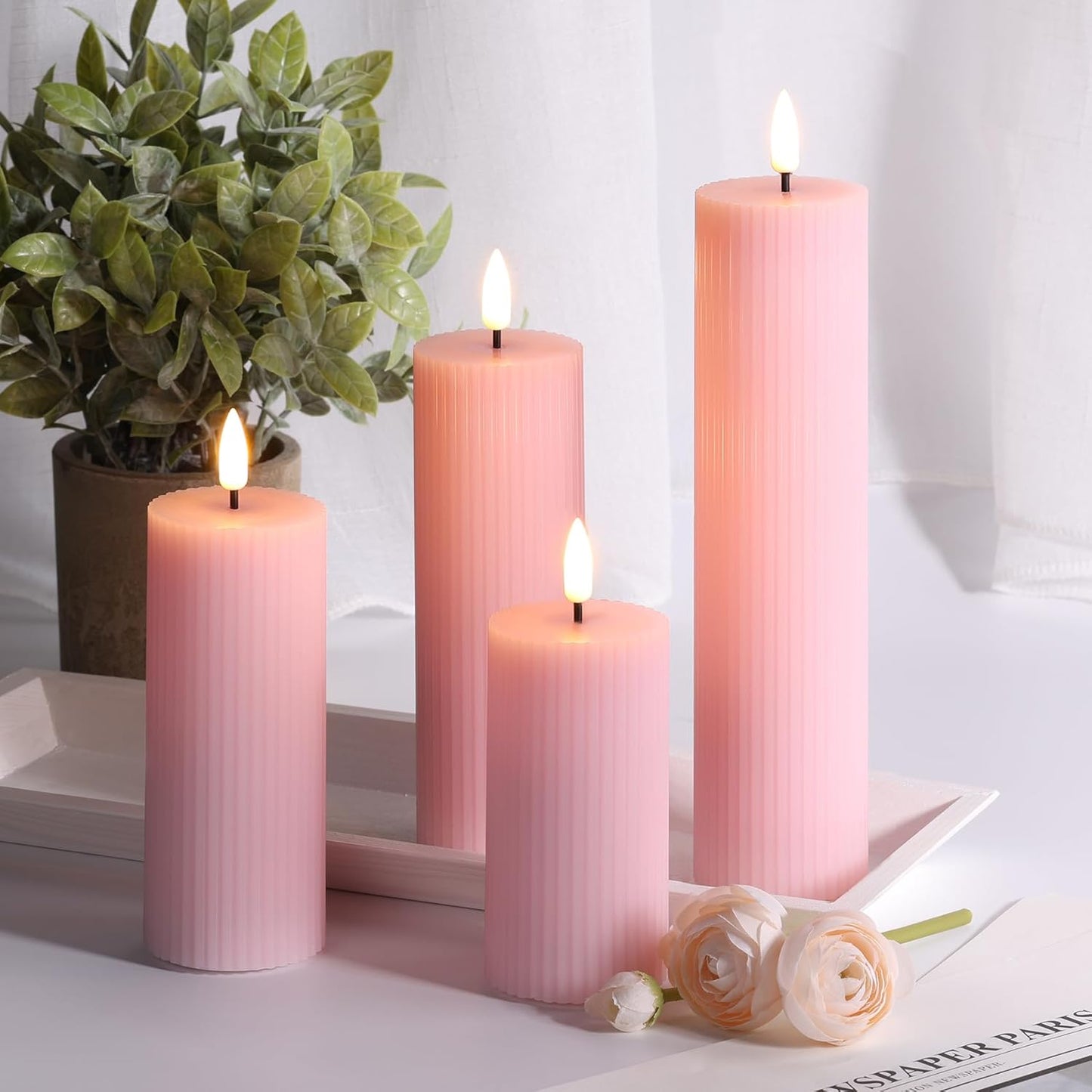 Flameless LED Pillar Candle Set Flickering Remote Battery Pink