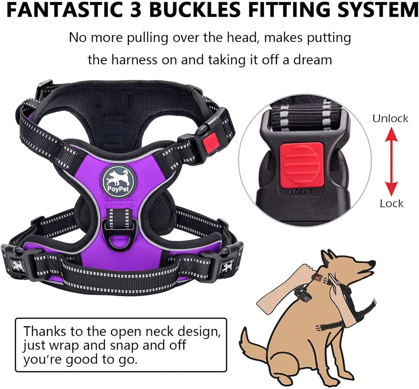 No Pull Dog Harness Reflective Adjustable Vest Purple Small